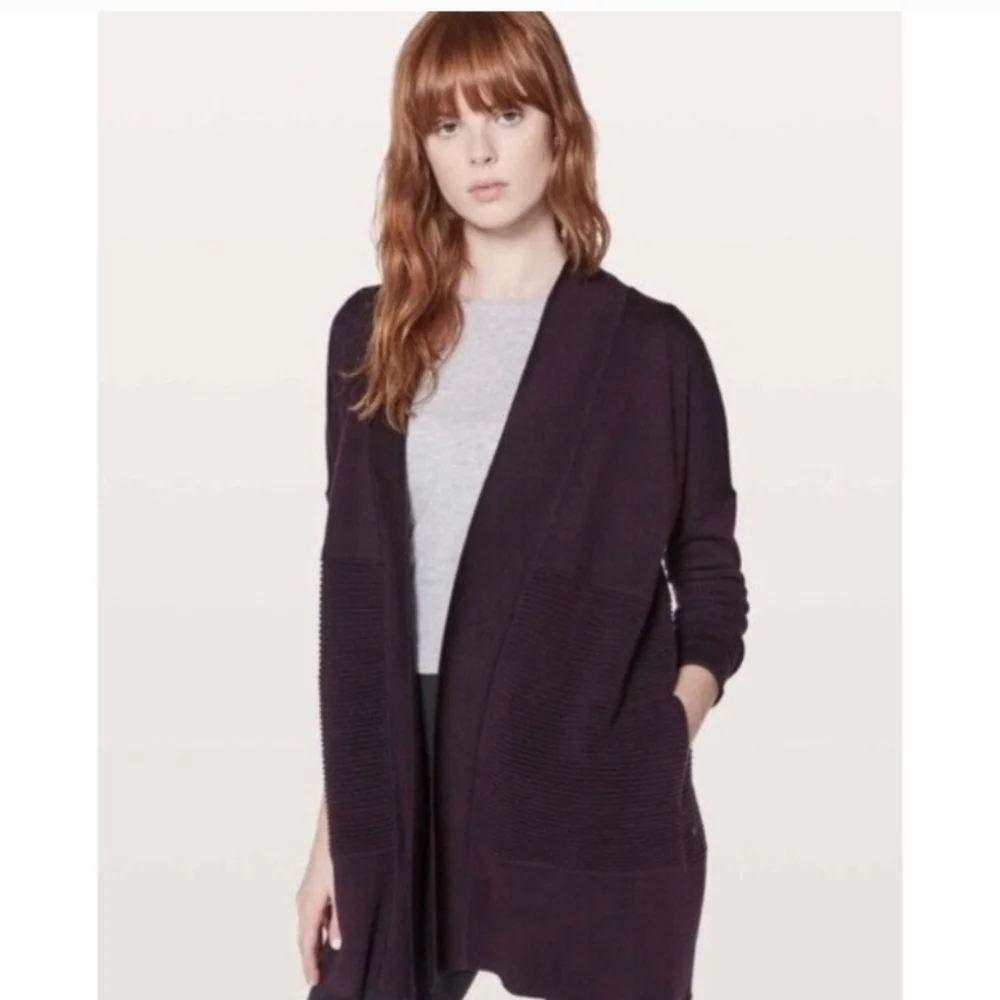 Lululemon Size 4 Merino Wool Cardigan Sweater Sit In Lotus Wrap II Black Cherry